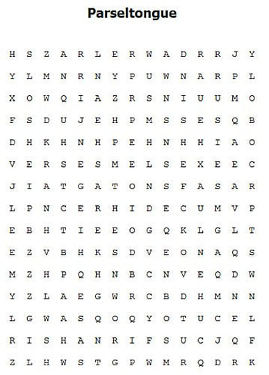 Image shows a word search where Parseltongue-language words can be found.